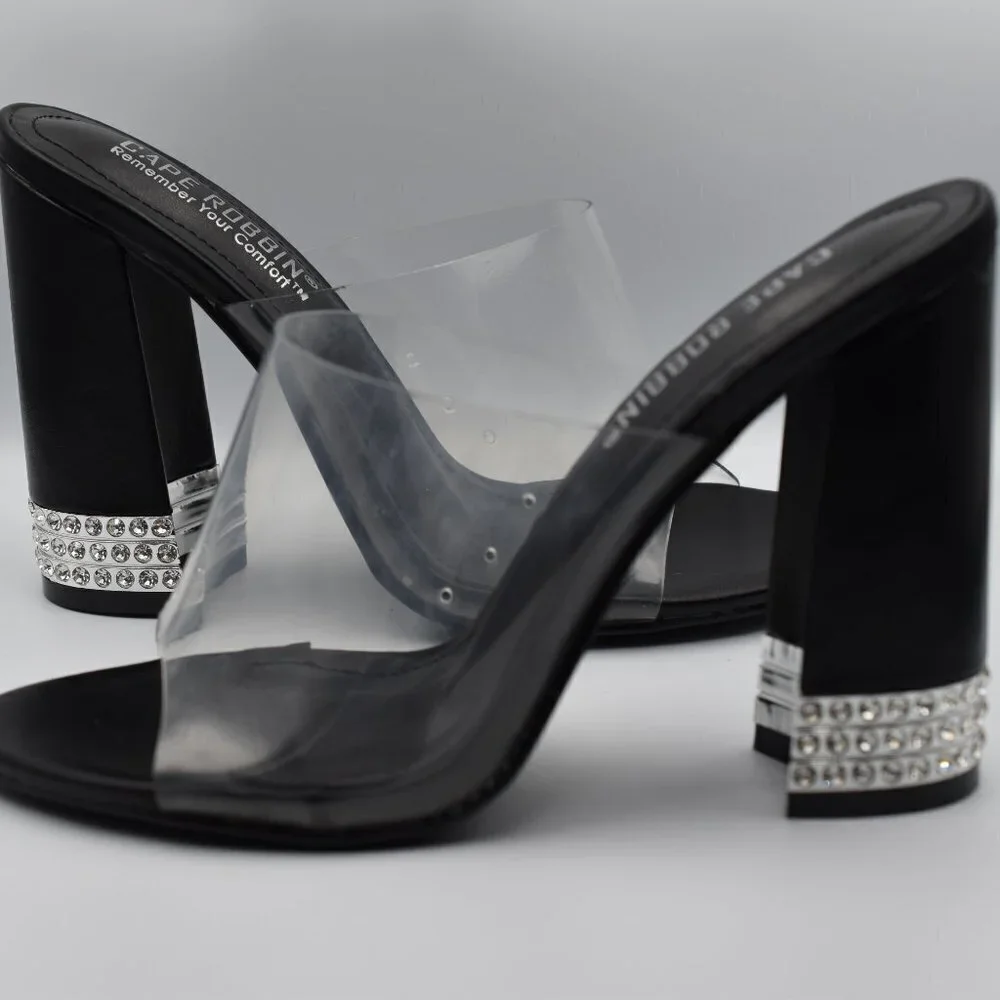 Party Shoes Cape Robbin Clear and Black Open Toe Rhinestone Heels